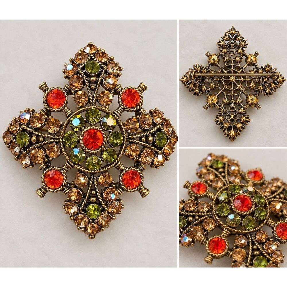 Vintage Rhinestone Maltese Cross Brooch Orange Green Champagne Statement Pin